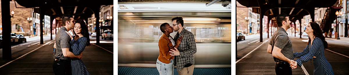 el train, l train, el trains, cpt, public transit, long exposure, train, couple kissing, chicago engagement locations, couples engagement photos,