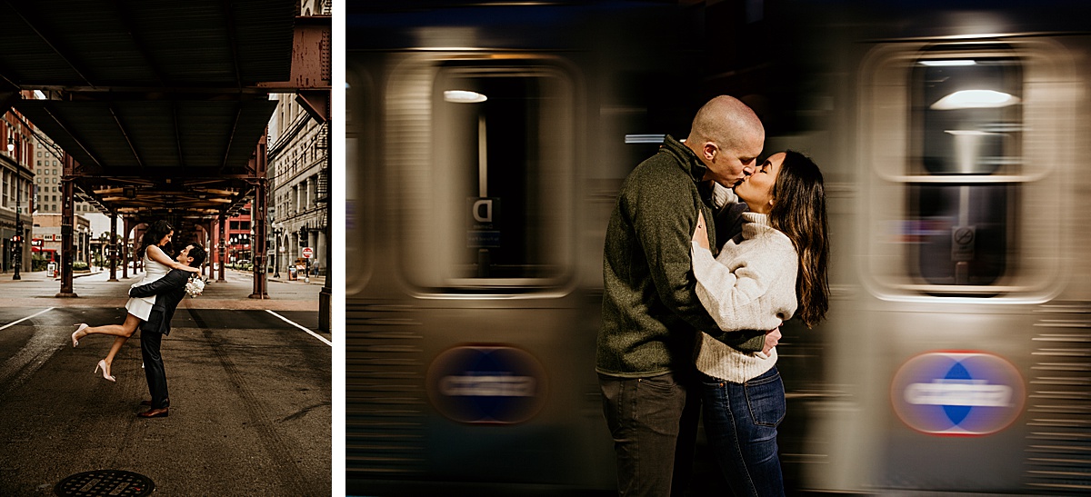 el train, l train, el trains, cpt, public transit, long exposure, train, couple kissing, chicago engagement locations, couples engagement photos,
