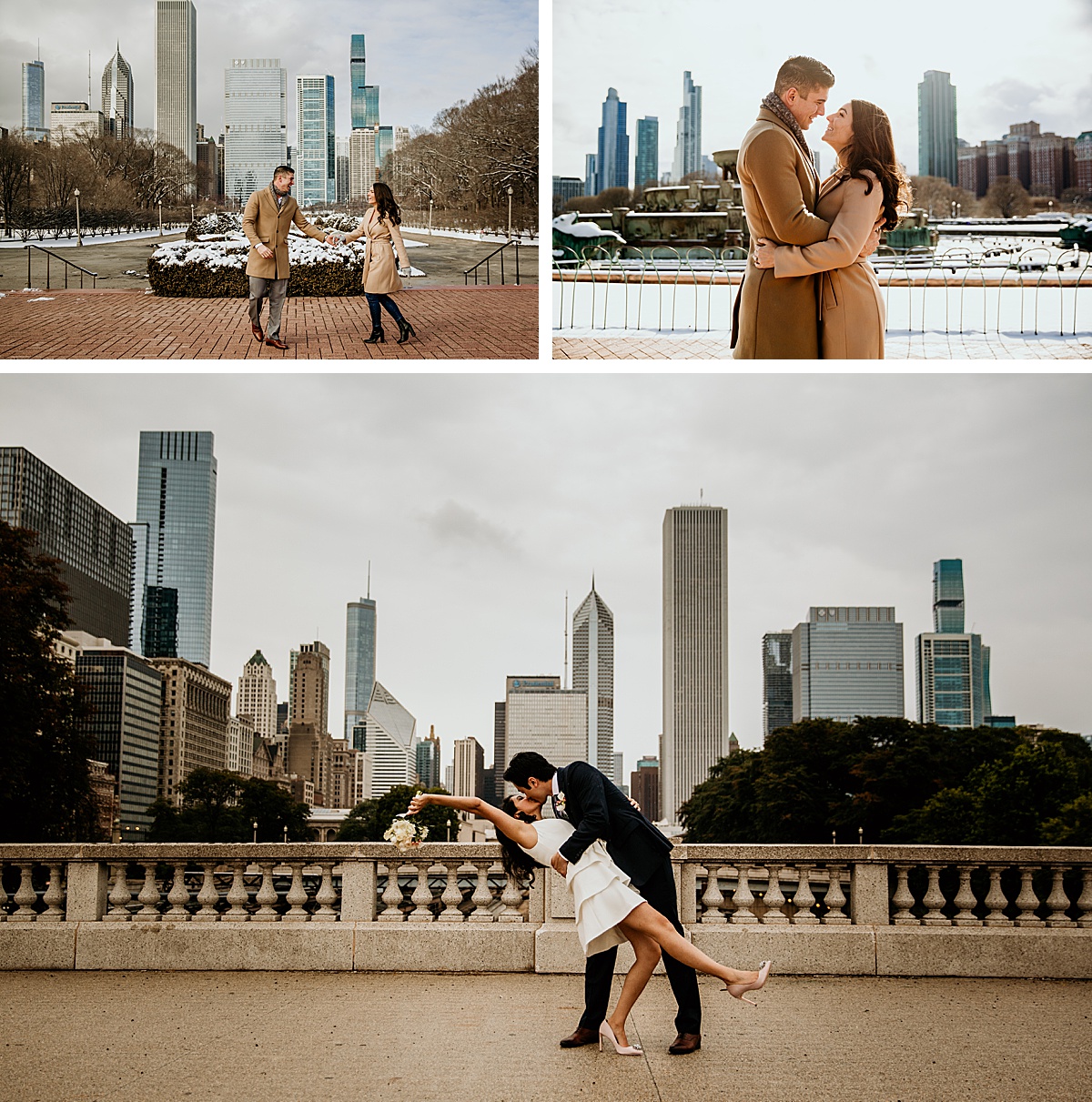 grant park, skyline, buckingham fountain, couple, chicago engagement locations, couples engagement photos,