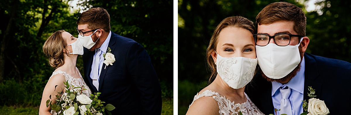 kissing wedding couple wearing masks on for 2020 social distancing covid pandemic wedding