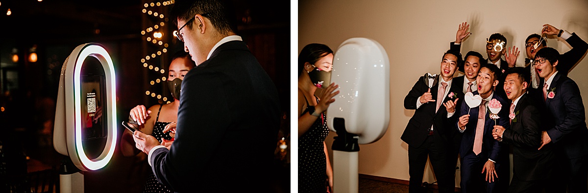 virtual photo booth at a wedding taking photos of groomsmen being silly