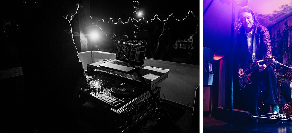 wedding DJ playing music in one frame and a wedding band playing live music in the other frame.