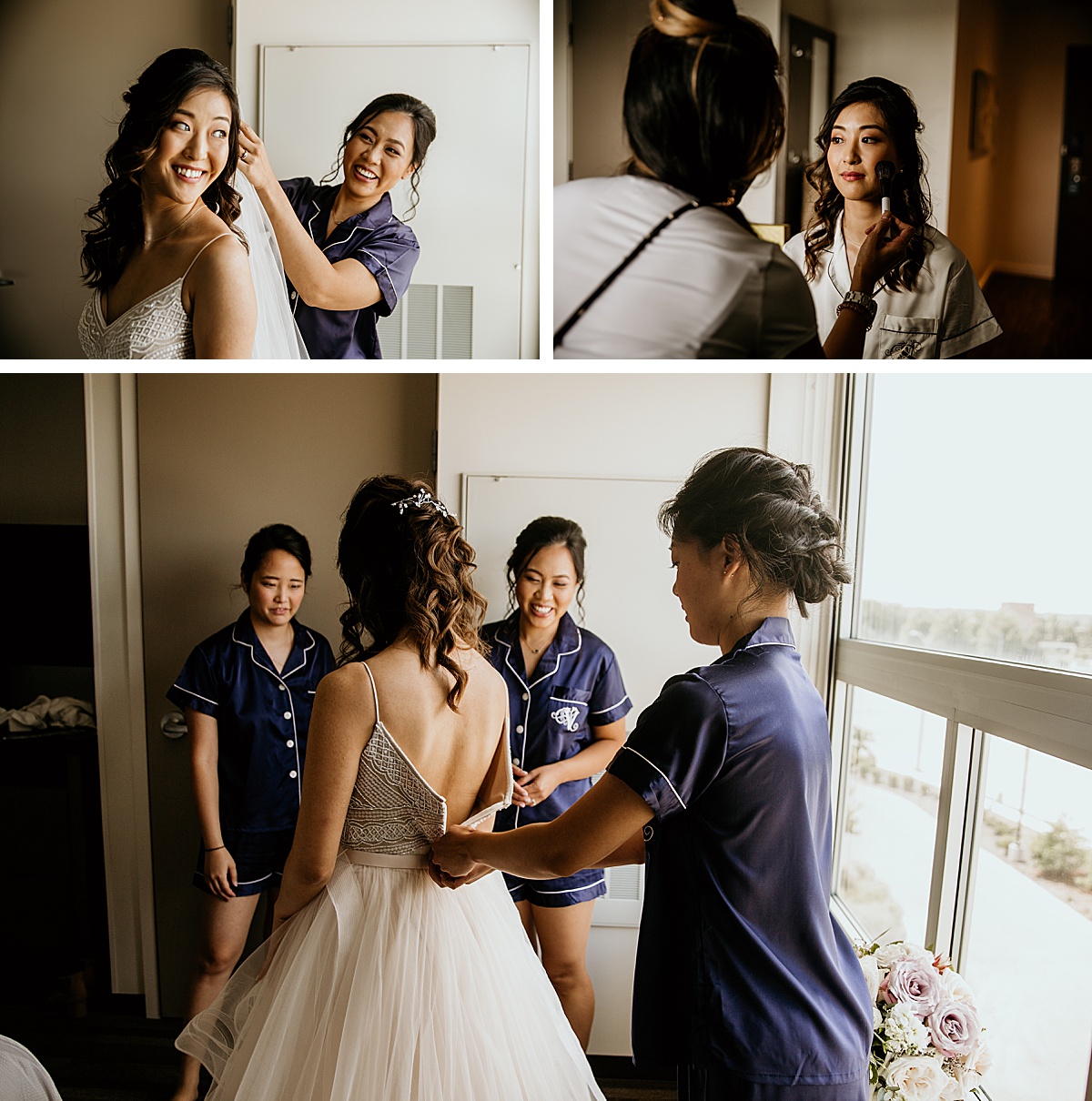 bride getting ready for her wedding with her bridesmaids and maid of honor