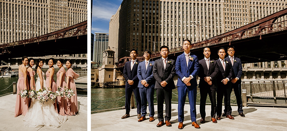 wedding party portraits on the chicago river walk
