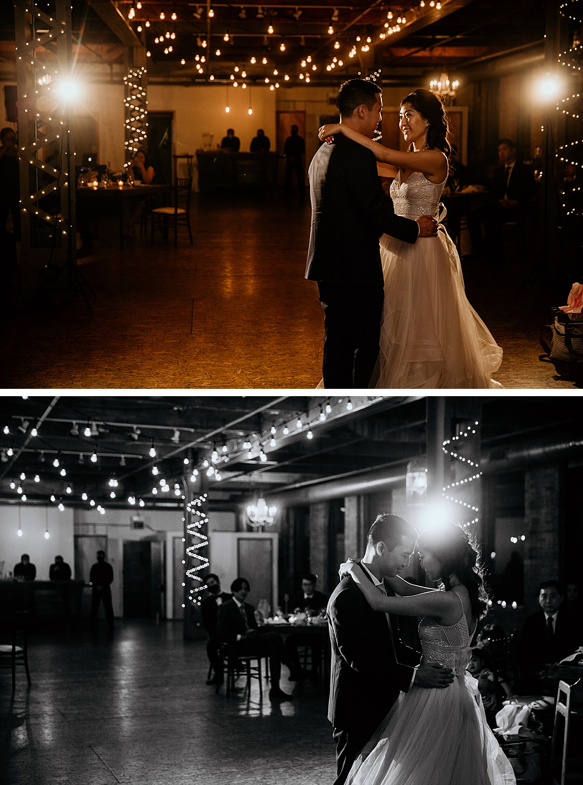bride and groom sharing their first dance at wedding reception 