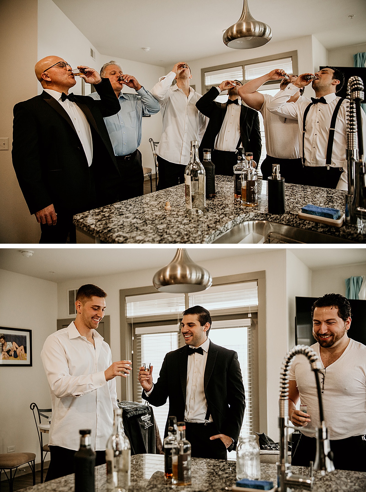 Groom and groomsmen taking a shot of whiskey.
