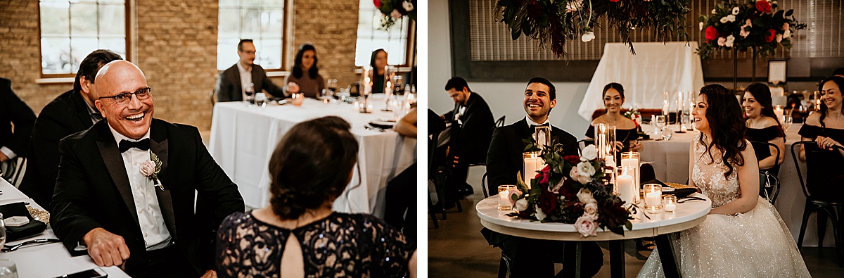 Wedding guests laughing during speeches and toasts.