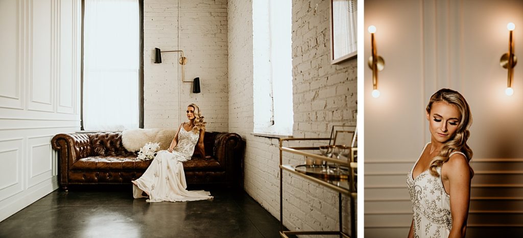 2 images of a bride wearing a vintage beaded wedding dress sitting on a couch looking away and standing up looking over her shoulder