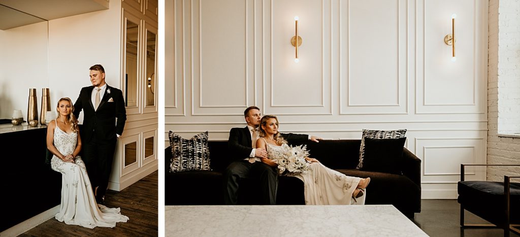 2 photos of an elegant wedding couple looking serious. The bride is wearing a vintage beaded white dress and the groom is wearing a traditional black tux