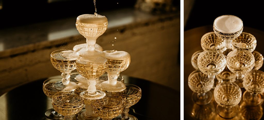an overflowing champagne tower from 2 different angles 