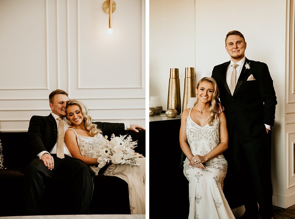 2 photos of an elegant wedding couple smiling. The bride is wearing a vintage beaded white dress and the groom is wearing a traditional black tux