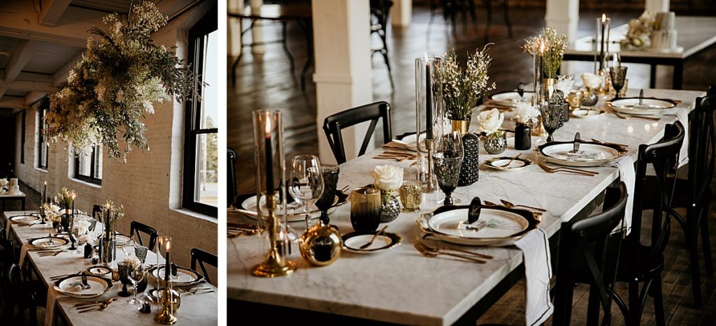 2 photos of details of a wedding guest table with black and gold plates, candles, and decorations