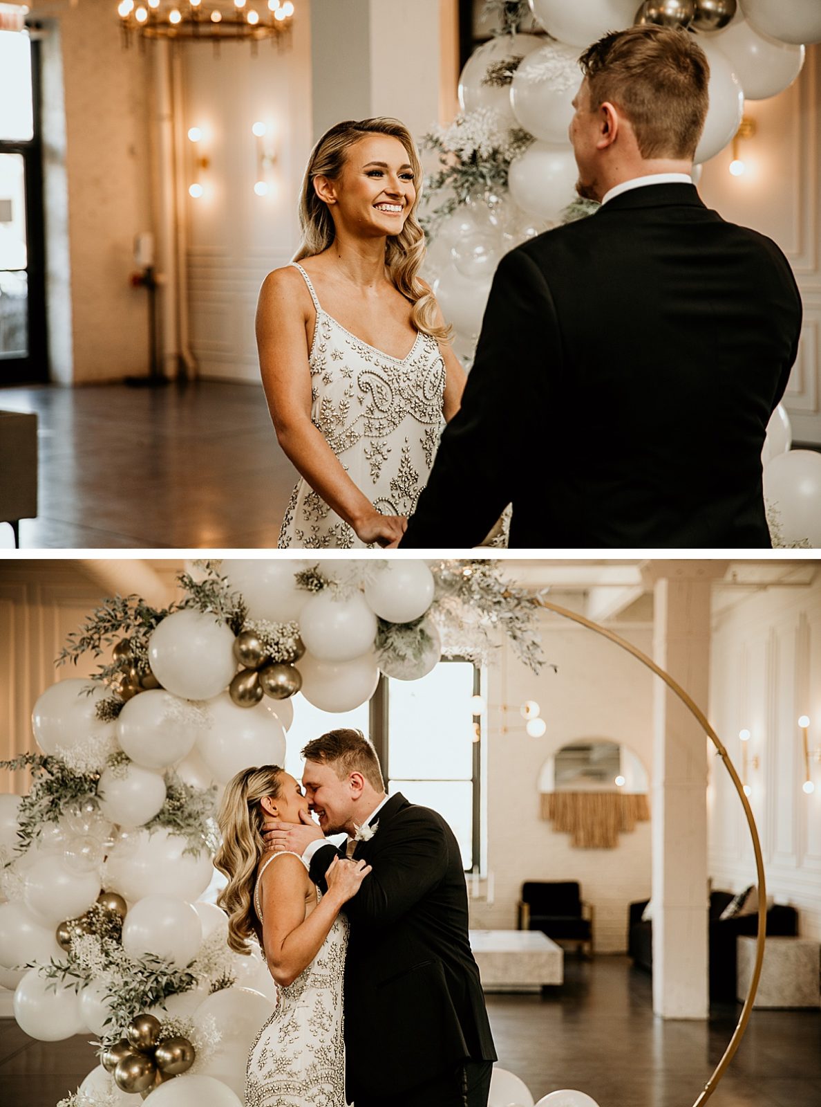 2 photos of a ceremony with a circle balloon wedding arch. the first image is of the bride smiling at the groom and the second is the newlyweds kissing