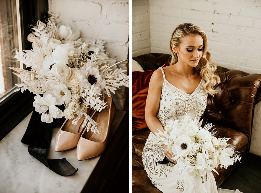 An all white winter wedding bouquet next to the brides shoes and another image with the bride holing the flowers