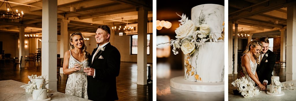 3 photos of a wedding couple cutting a marble wedding cake with white roses and gold leaf decorations on it 
