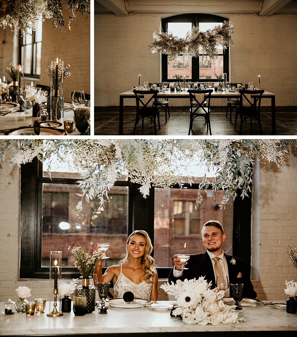 3 photos of a wedding guest table set up with a hanging centerpiece and the newlyweds holding up their cups for a toast