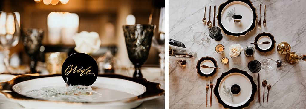 2 photos, one is a lay flat of a wedding guest table with black and gold plates, candles, and decorations and the other is a close up of the brides name card