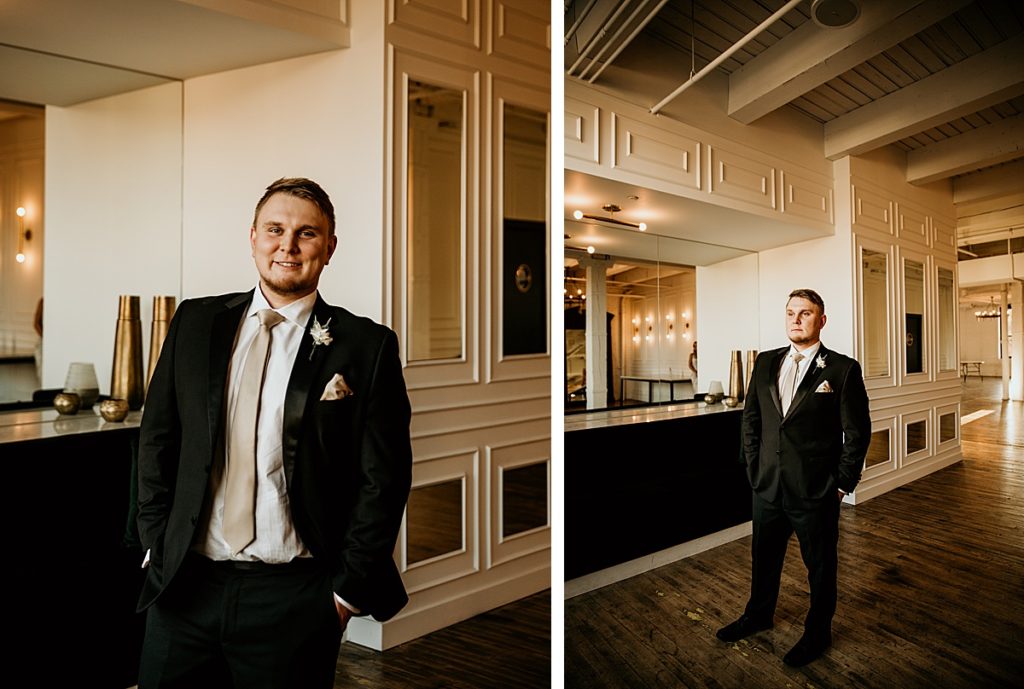 2 photos of a groom wearing a traditional classic black tuxedo