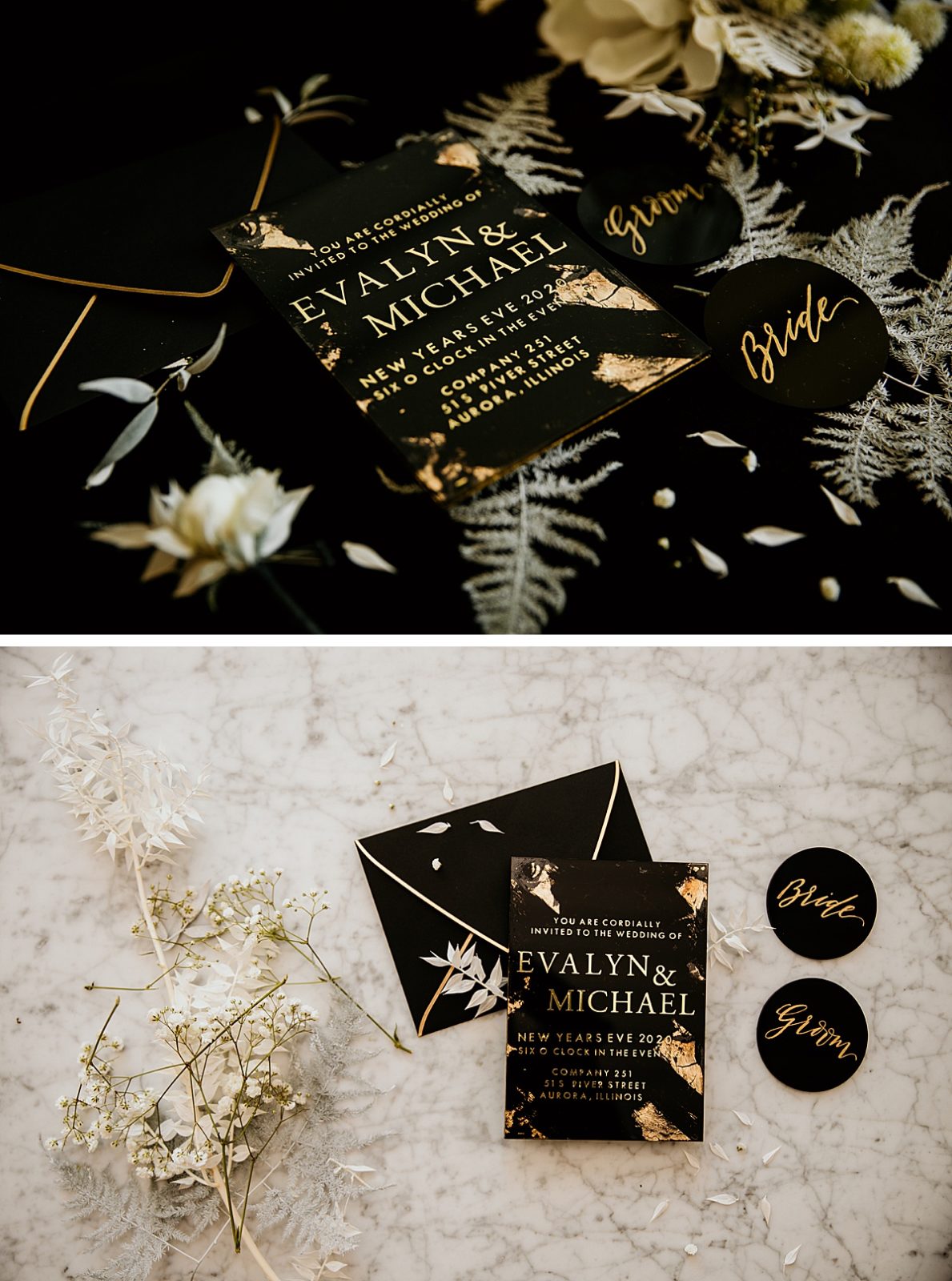 New years ever wedding flat lay with a black and gold invitation and envelope as well as the bride and groom name cards and some florals