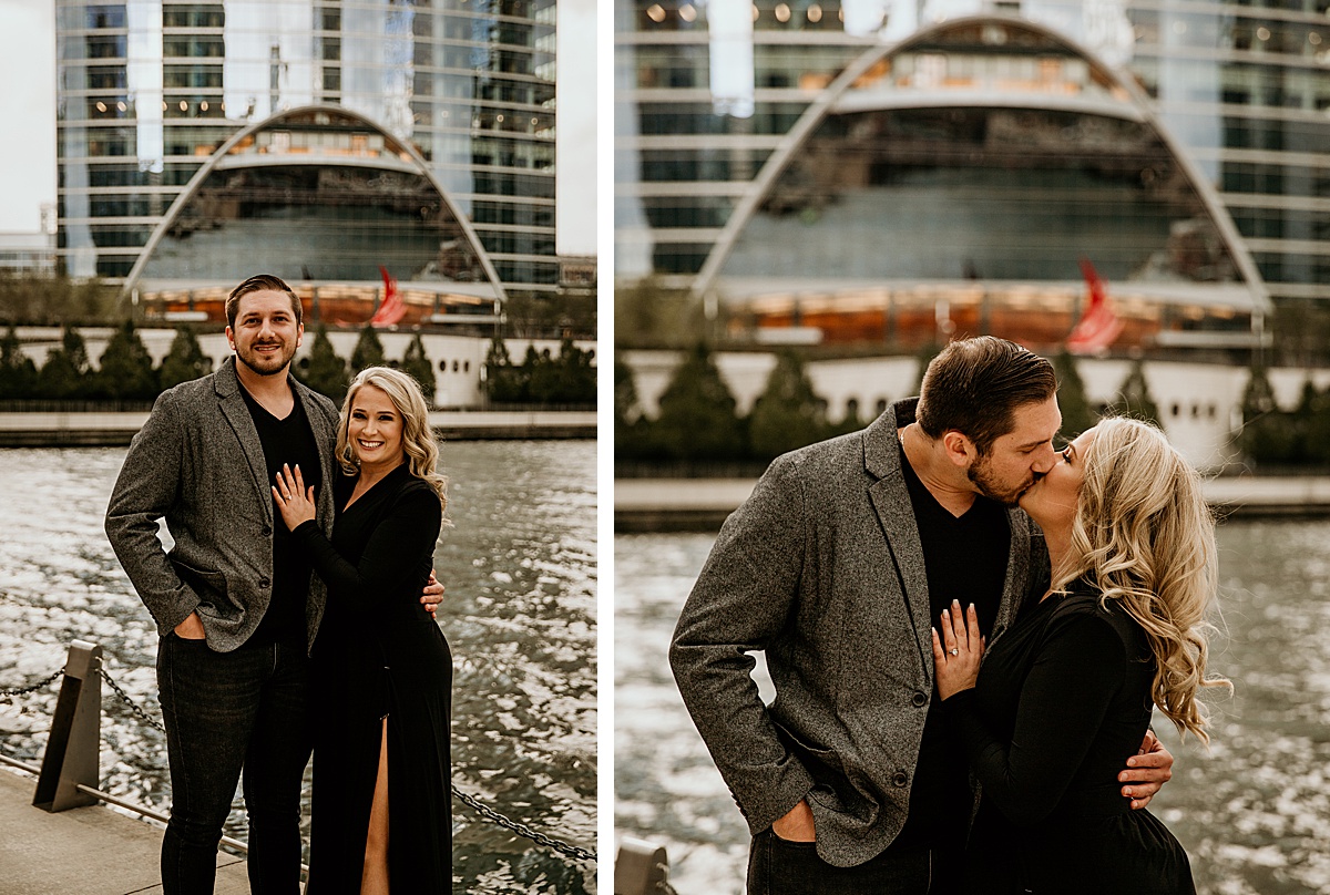 2 images of a couple on chicago river walk, one looking at the camera and the second kissing
