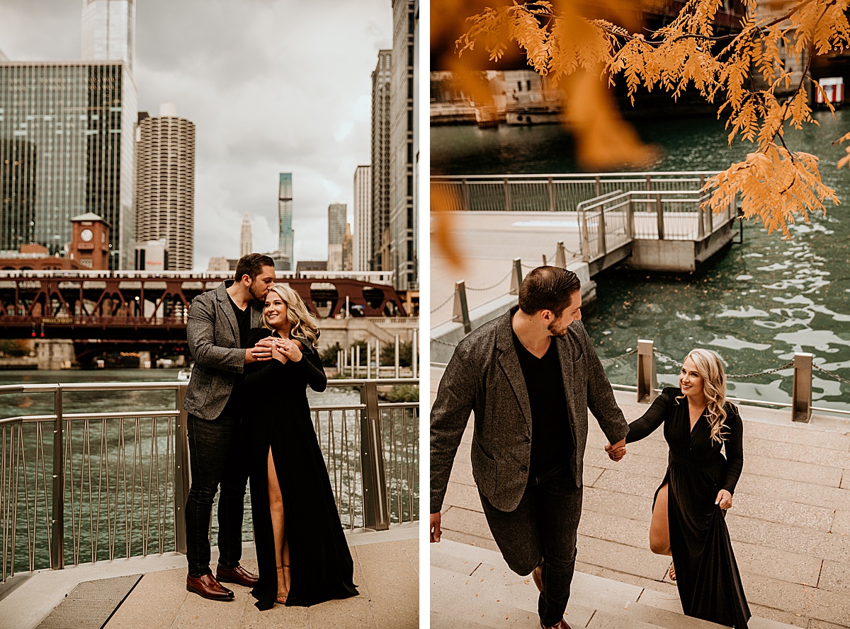 2 photos, first one is a man hugging his fiancé from behind and kissing her on the head on the chicago river walk and the second image is him leading her up the stairs looking back at her.
