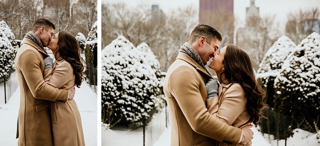 Man and woman kissing in Grant Park, Chicago in the snow.