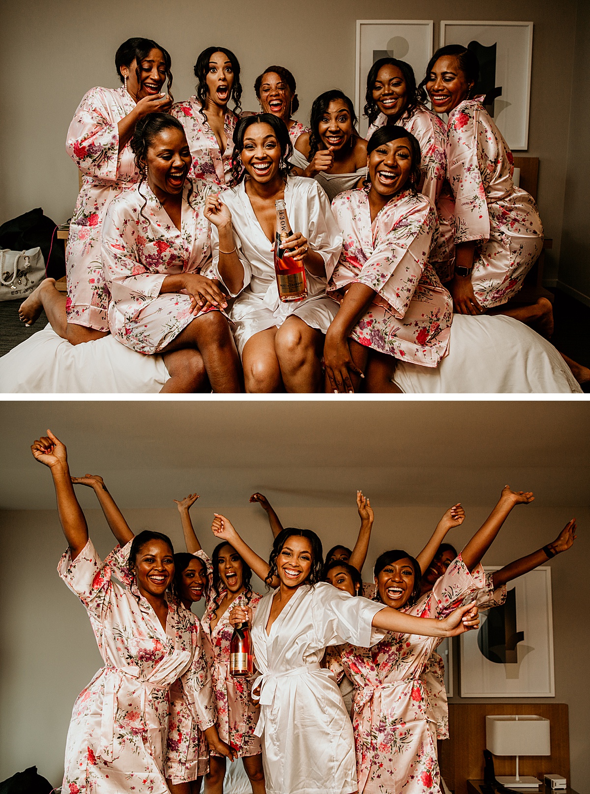 Bride with bridesmaids popping champagne in their robes and dancing.