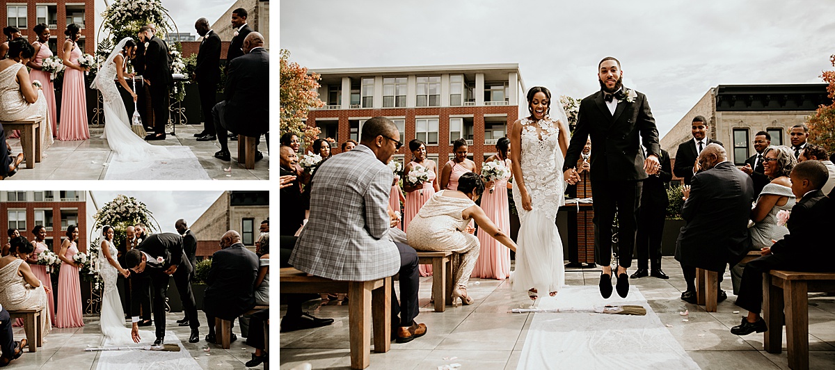 Bride and groom preforming the African "jumping the broom" tradition.