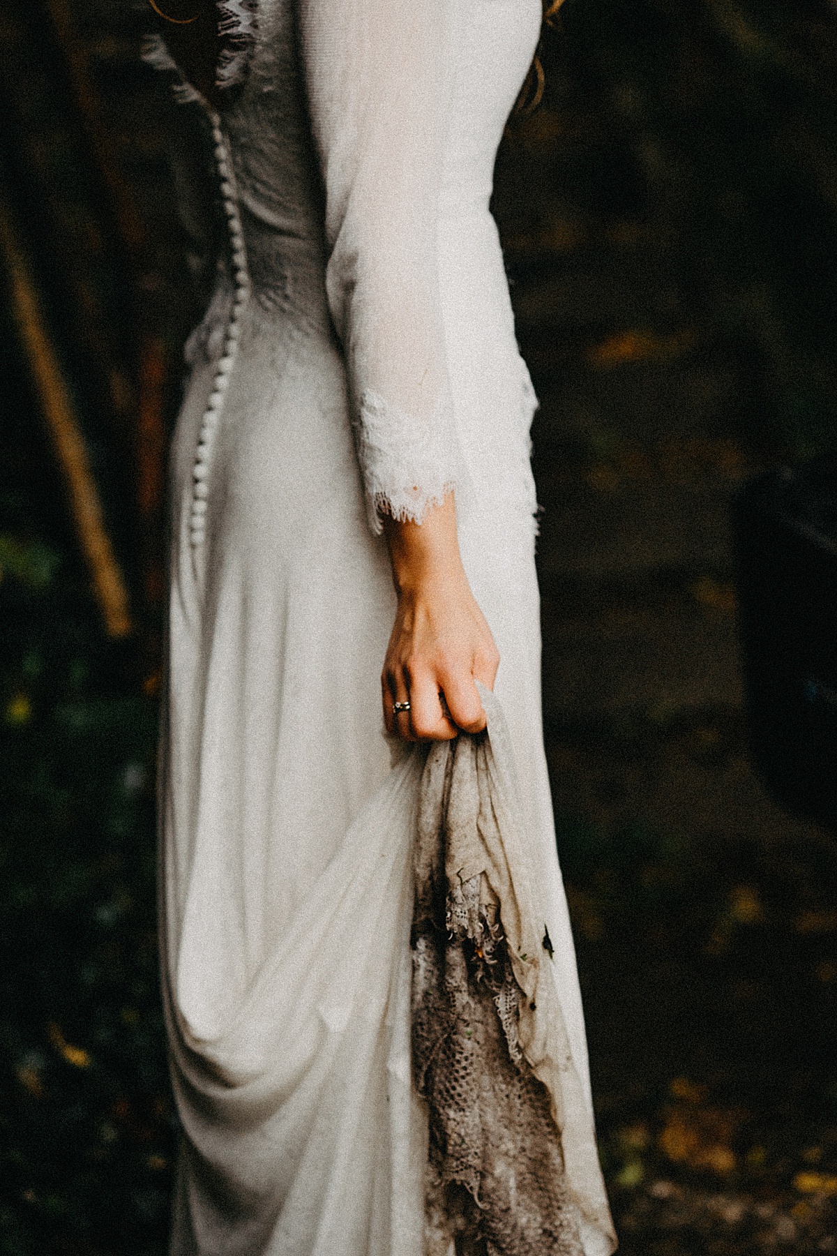 Muddy wedding dress from a rainy wedding day.