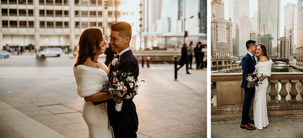 Newlywed photos at the wrigley building downtown chicago