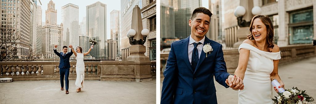 newlyweds celebrating at the wrigley building in chicago