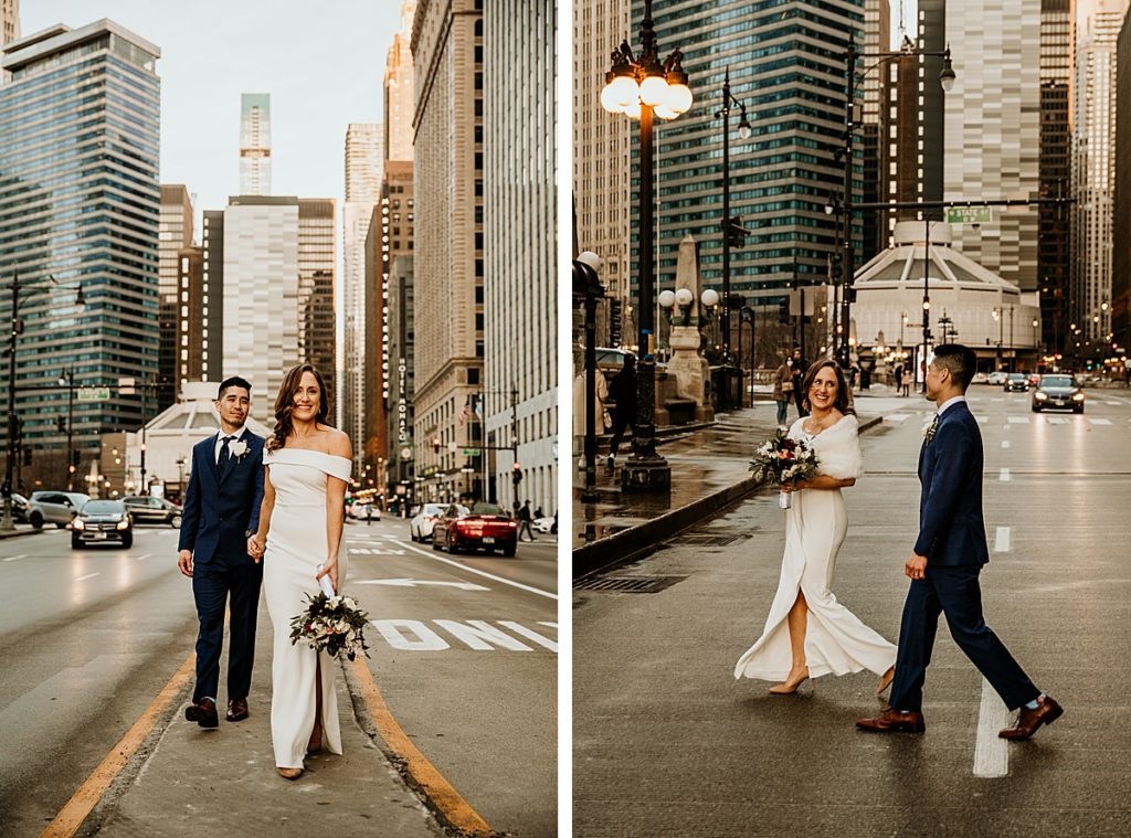 Wedding couple walking in the middle of Michigan Avenue in chicago