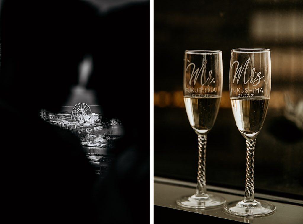 navy pier and wedding champagne glasses