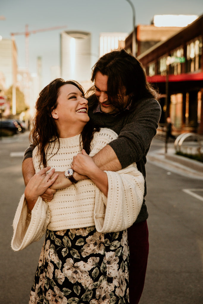 Couple's engagement photos in the west loop neighborhood streets of chicago