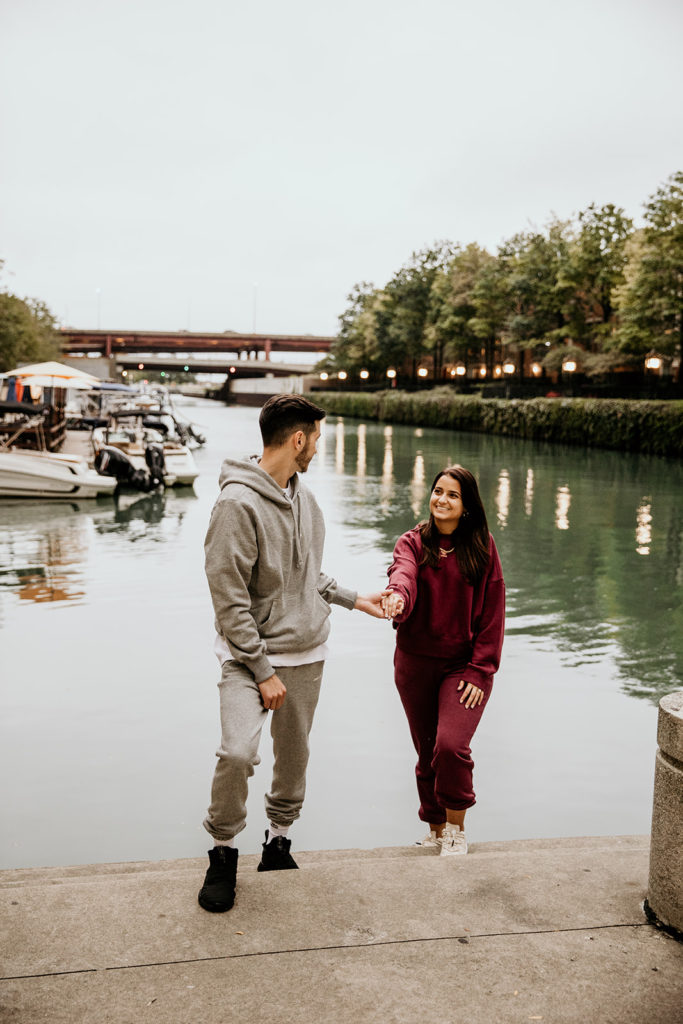 Couple's engagement photos at the Ogden Slip in Chicago