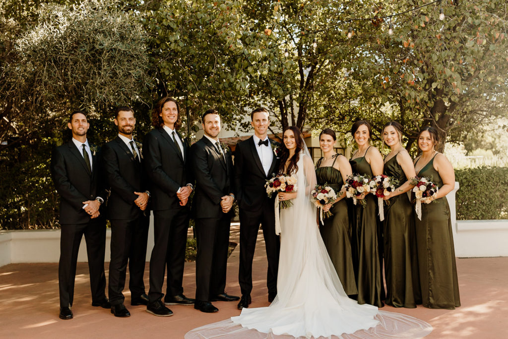 wedding party portraits on wedding day with bridesmaids and groomsmen
