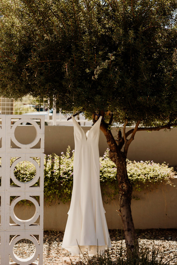 bride wedding dress hanging on a tree