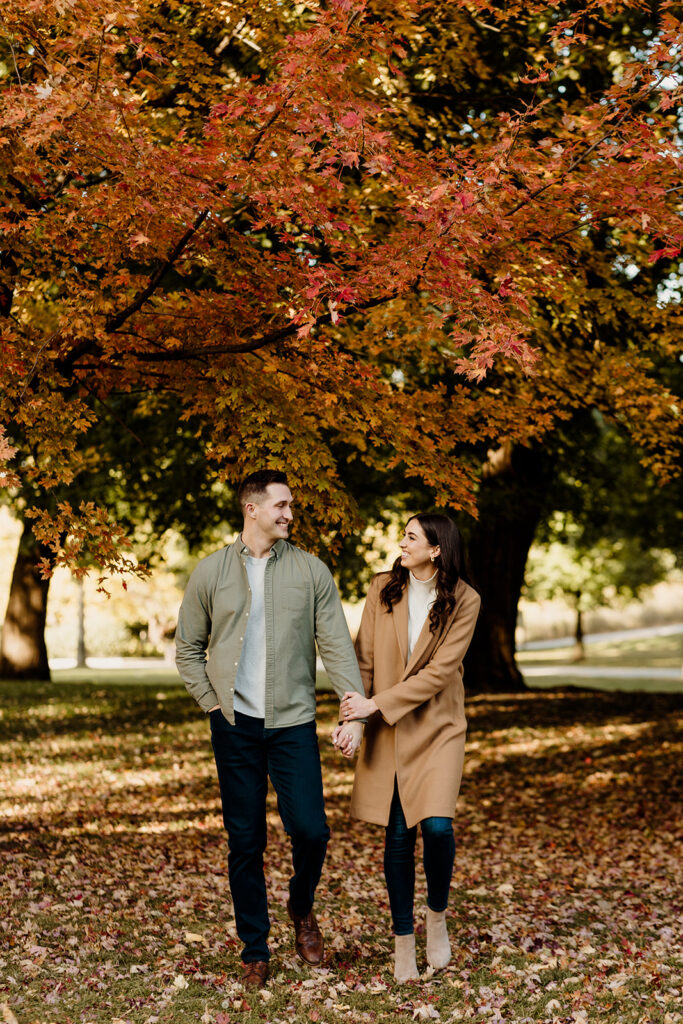 engaged couple in fall leaves at a park